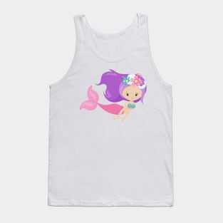 Cute Mermaid, Little Mermaid, Flowers, Purple Hair Tank Top